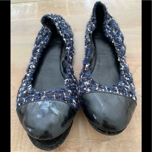 Tory Burch patterned ballet flats shoes tweed navy black - Picture 6 of 11